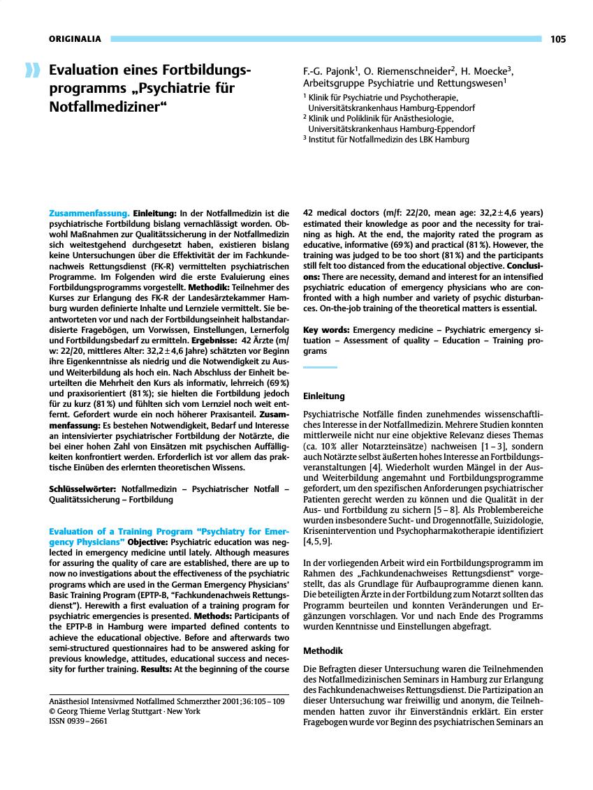Vorschauseite 1: Evaluation eines Fortbildungsprogramms „Psychiatrie fürNotfallmediziner”