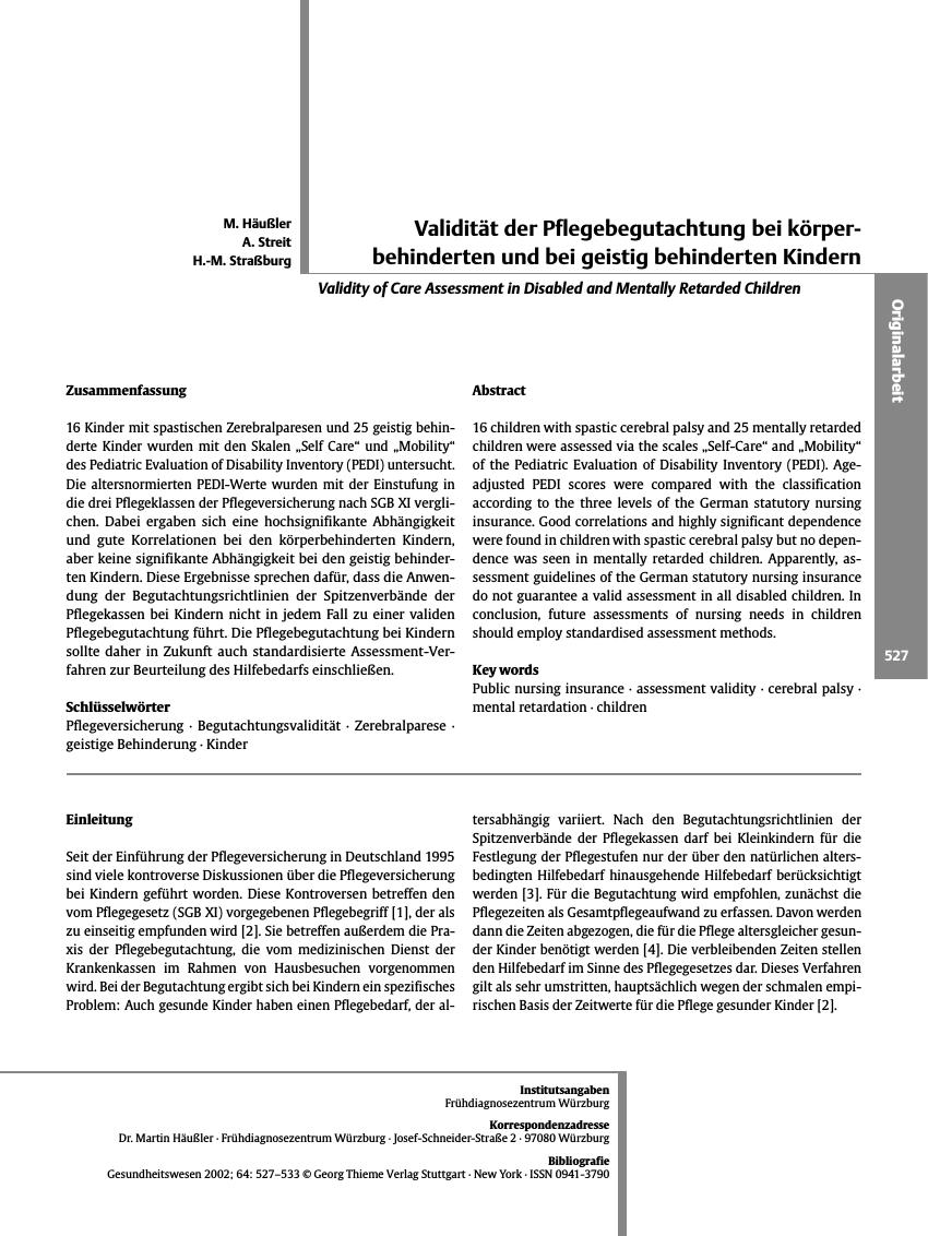 Vorschauseite 1: Validität der Pflegebegutachtung bei körperbehinderten und bei geistig behinderten Kindern