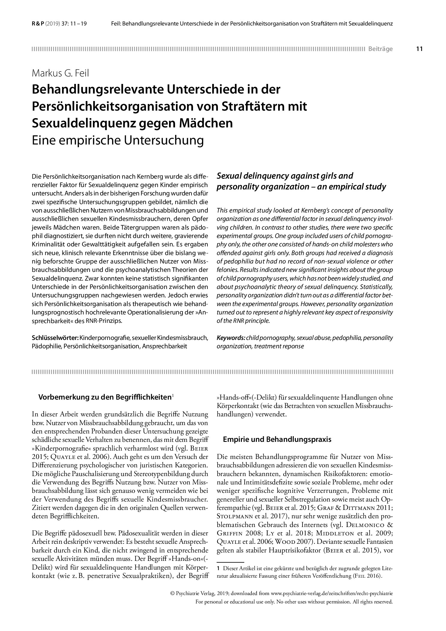 Vorschauseite 1: Behandlungsrelevante Unterschiede in der Persönlichkeitsorganisation von Straftätern mit Sexualdelinquenz gegen Mädchen