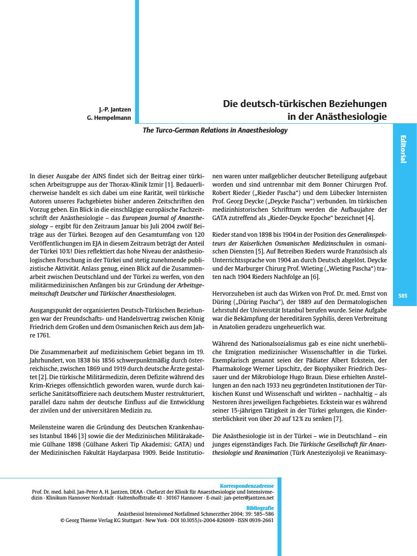 Vorschauseite 1: Die deutsch-türkischen Beziehungen in der Anästhesiologie
