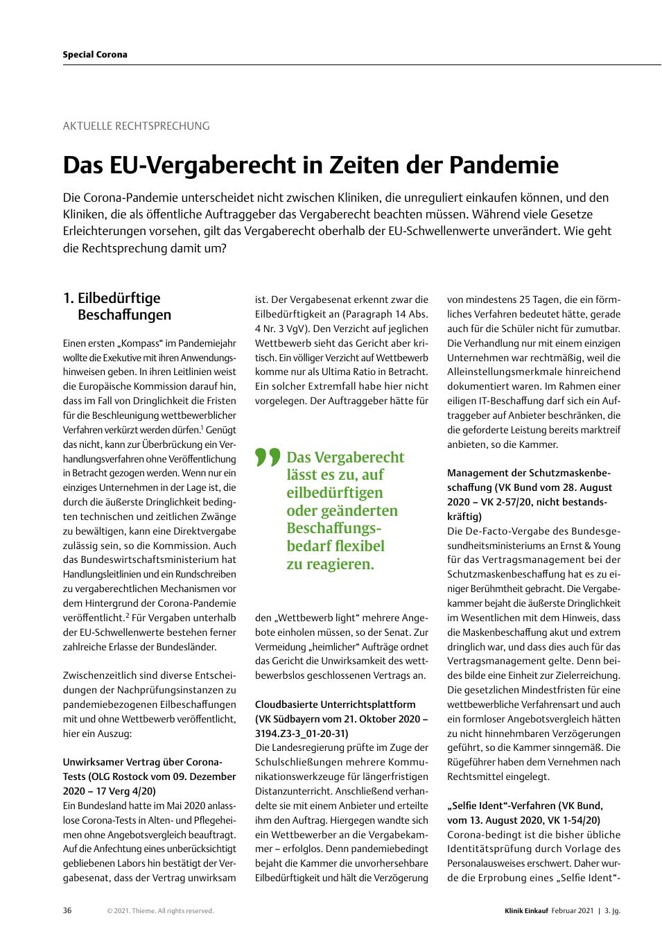 Vorschauseite 1: Aktuelle Rechtsprechung: Das EU-Vergaberecht in Zeiten der Pandemie