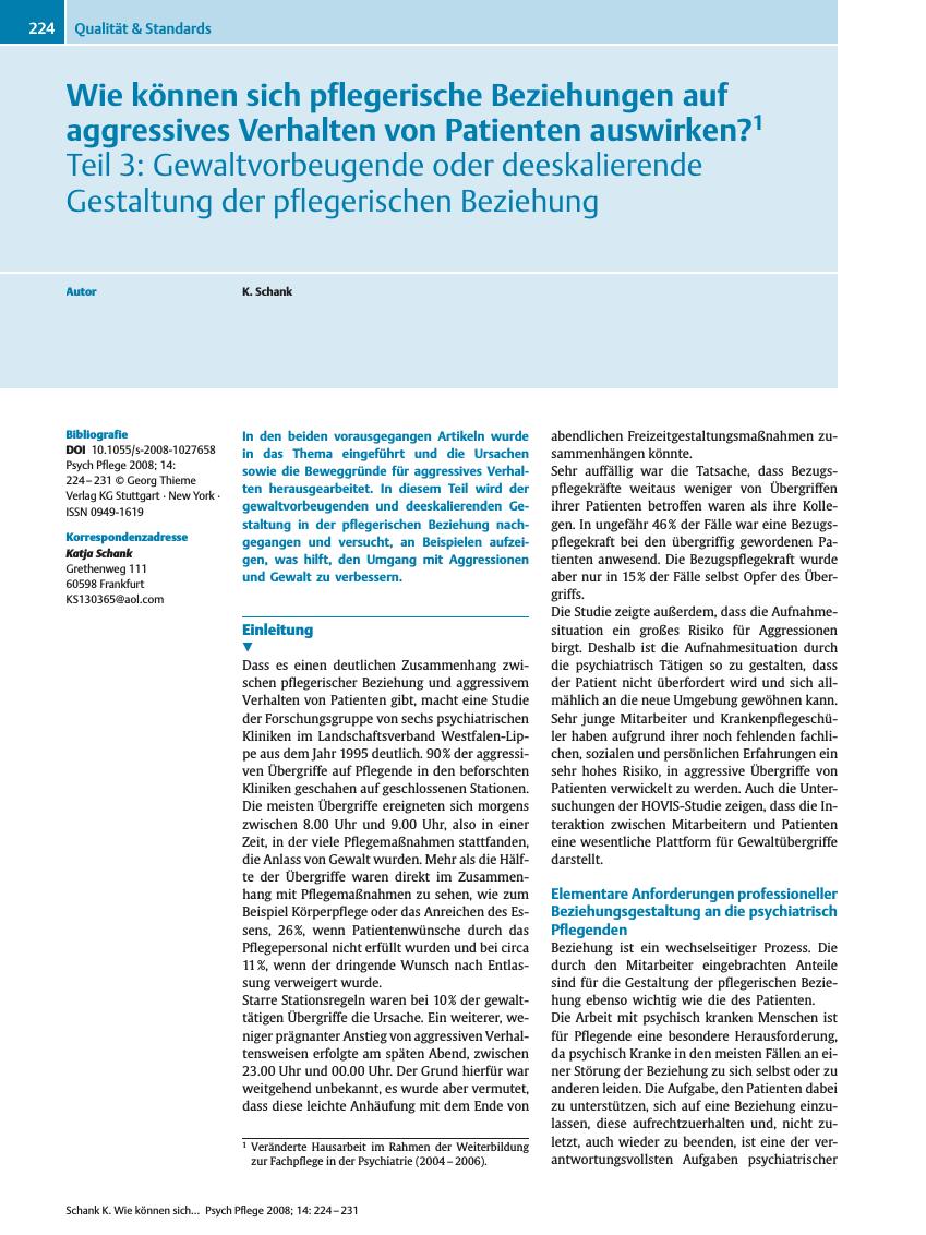 Vorschauseite 1: Wie können sich pflegerische Beziehungen auf aggressives Verhalten von Patienten auswirken?