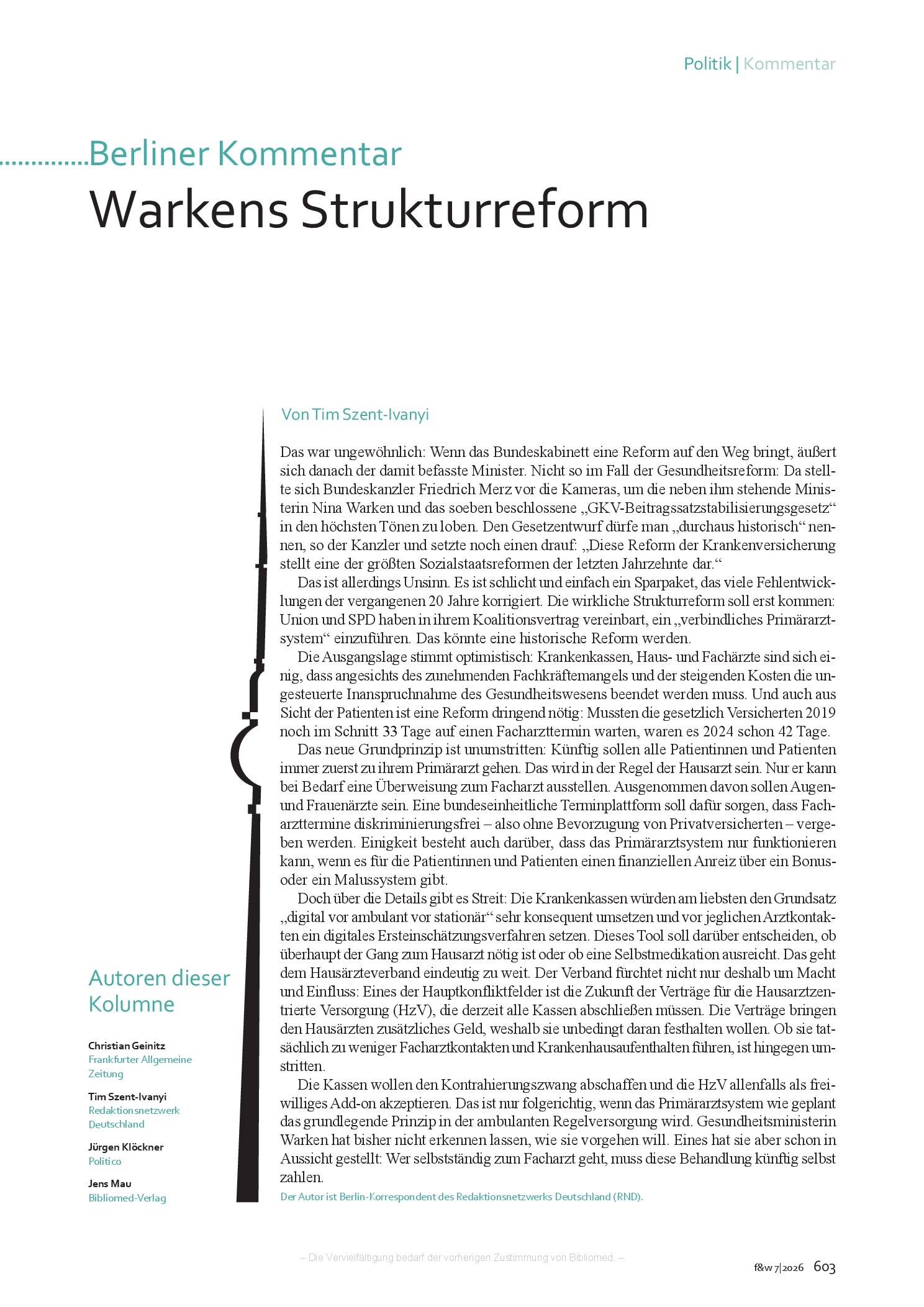 Vorschauseite 1: Berliner Kommentar: Warkens Strukturreform