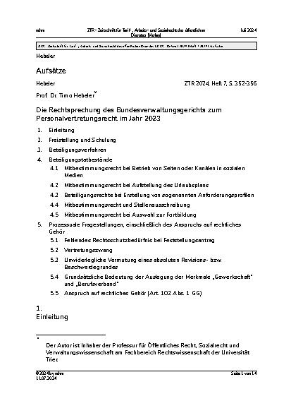 Vorschauseite 1: Aufsätze: Die Rechtsprechung des Bundesverwaltungsgerichts zum Personalvertretungsrecht im Jahr 2023