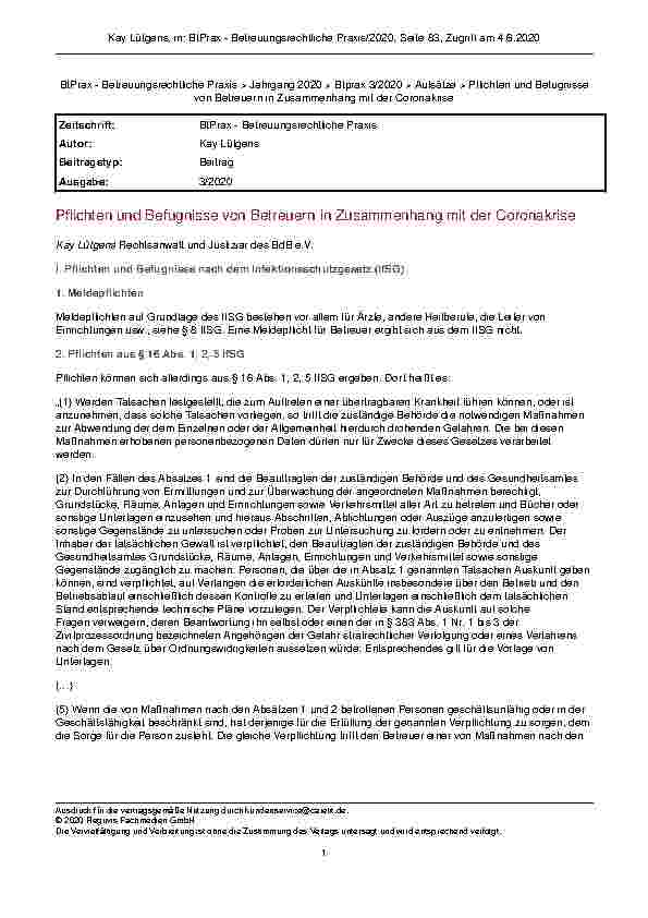 Vorschauseite 1: Pflichten und Befugnisse von Betreuern in Zusammenhang mit der Coronakrise