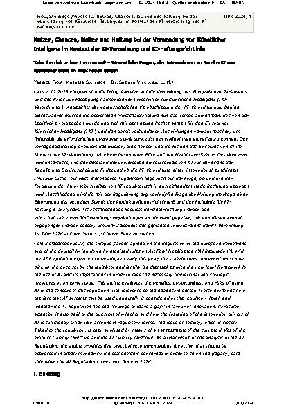 Vorschauseite 1: Nutzen, Chancen, Risiken und Haftung bei der Verwendung von Künstlicher Intelligenz im Kontext der KI-Verordnung und KI-Haftungsrichtlinie