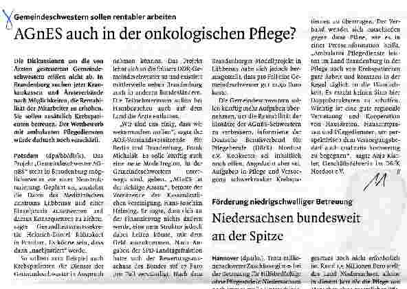 Vorschauseite 1: AGnES auch in der onkologischen Pflege?
