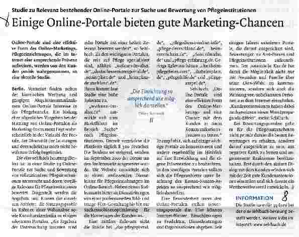 Vorschauseite 1: Studie zu Relevanz bestehender Online-Portale zur Suche und Bewertung von PflegeinstitutionenEinige Online-Portale bieten gute Marketing-Chancen