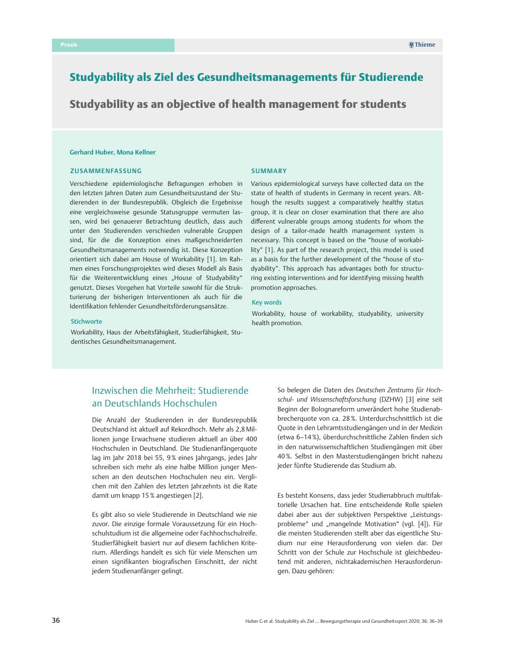 Vorschauseite 1: Studiabilität als Ziel des Gesundheitsmanagements für Studierende