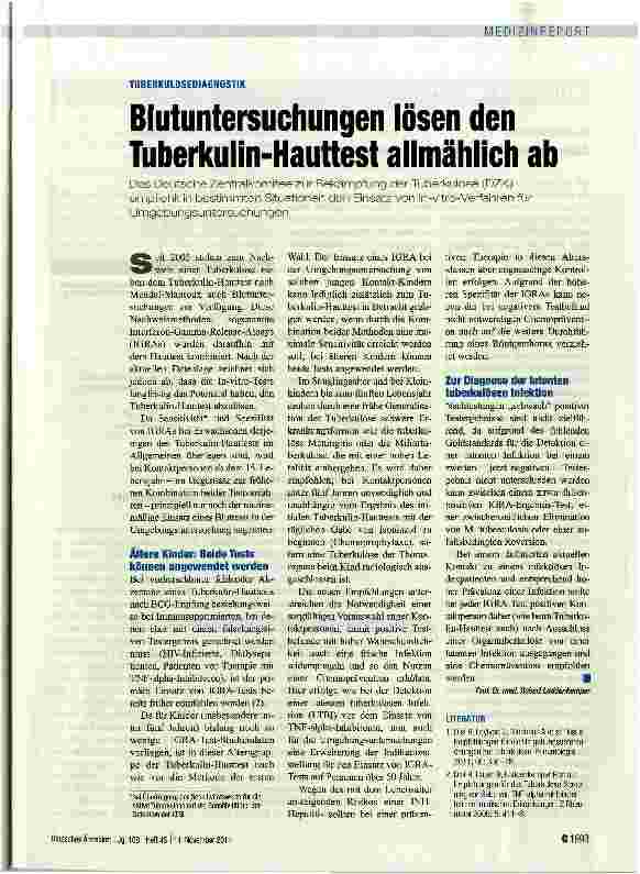 Vorschauseite 1: Blutuntersuchungen lösen den Tuberkulin-Hauttest allmählich ab