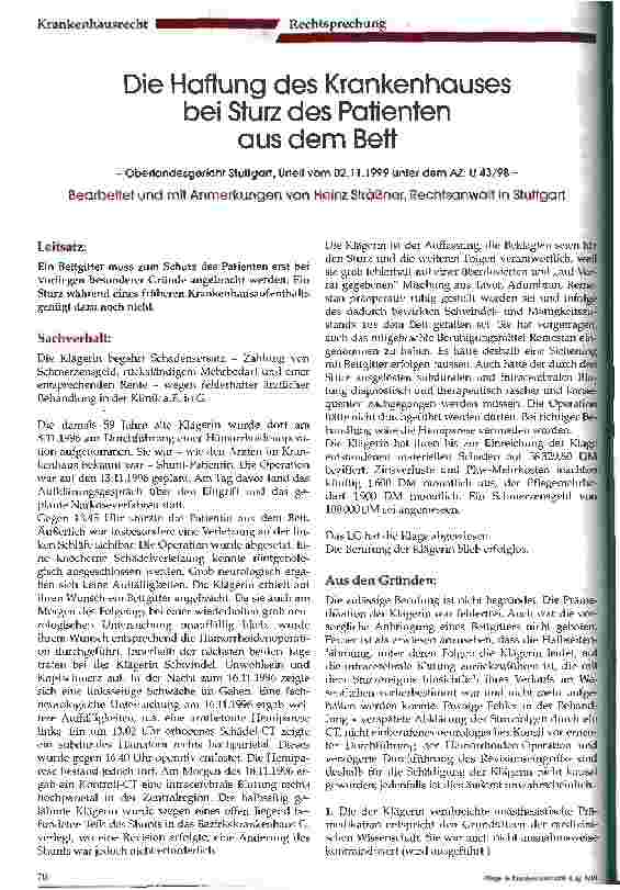 Vorschauseite 1: Die Haftung des Krankenhauses bei Sturz des Patienten aus dem Bett