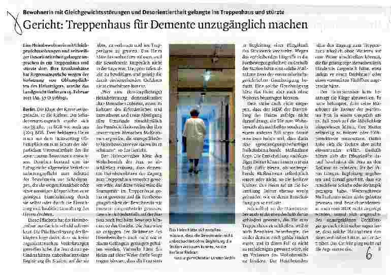 Vorschauseite 1: Gericht: Treppenhaus für Demente unzugänglich machen