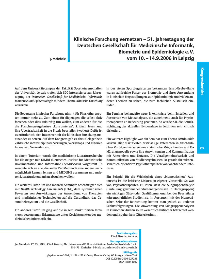Vorschauseite 1: Klinische Forschung vernetzen - 51. Jahrestagung der Deutschen Gesellschaft für Medizinische Informatik, Biometrie und Epidemiologie e. V. vom 10. - 14. 9. 2006 in Leipzig