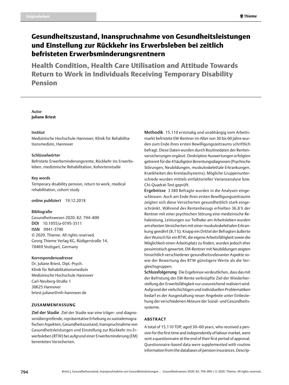 Vorschauseite 1: Gesundheitszustand, Inanspruchnahme von Gesundheitsleistungen und Einstellung zur Rückkehr ins Erwerbsleben bei zeitlich befristeten Erwerbsminderungsrentnern