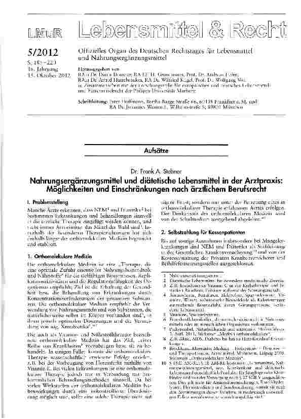 Vorschauseite 1: Nahrungserqänzungsmittel und diätetische Lebensmittel in der Arztpraxis: Möglichkeiten und Einschränkungen nach ärztlichem Berufsrecht
