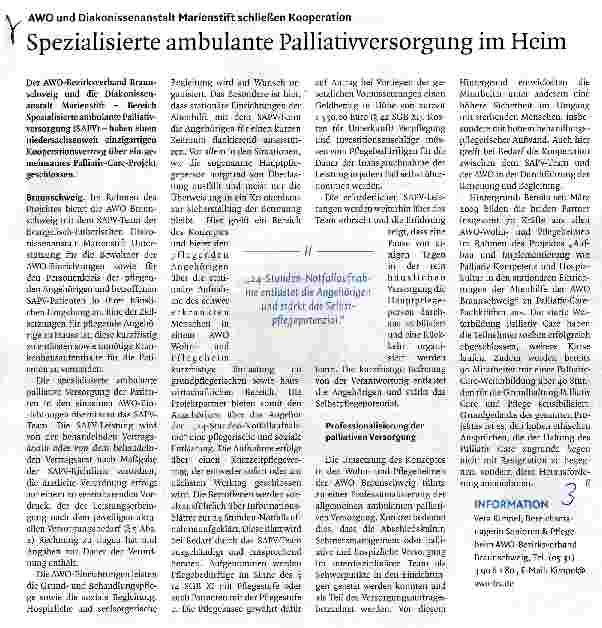 Vorschauseite 1: AWO und Diakonissenanstalt Marienstift schließen Kooperation Spezialisierte ambulante Palliatiwersorgung im Heim
