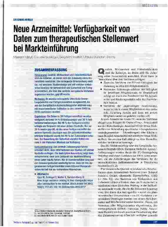 Vorschauseite 1: Neue Arzneimittel: Verfügbarkeit von Daten zum therapeutischen Stellenwert bei Markteinführung