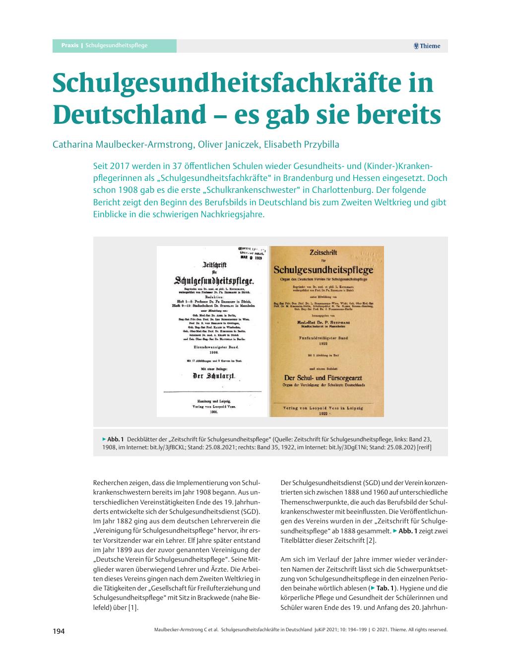 Vorschauseite 1: Schulgesundheitsfachkräfte in Deutschland – es gab sie bereits.