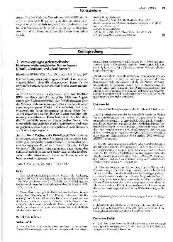 Vorschauseite 1: Voraussetzungen rechtserhaltender Benutzung weiterentwickelter Markenformen („Proti, „Protiplus und „Proti Power) Richtlinie 89/104/EWG Art. 10 II lit.a; AEUV Art. 267