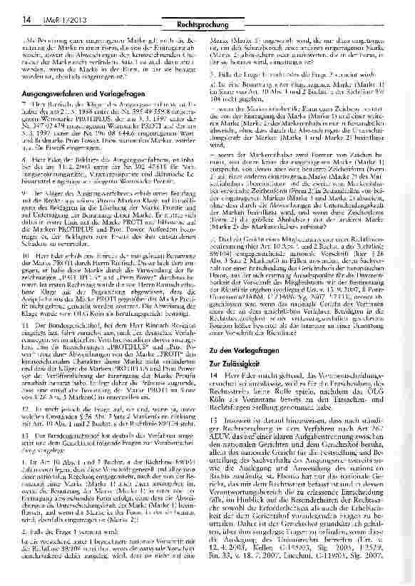 Vorschauseite 2: Voraussetzungen rechtserhaltender Benutzung weiterentwickelter Markenformen („Proti, „Protiplus und „Proti Power) Richtlinie 89/104/EWG Art. 10 II lit.a; AEUV Art. 267