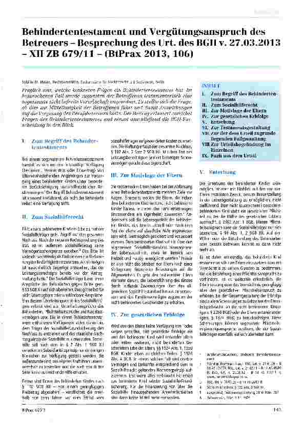 Vorschauseite 1: Behindertentestament und Vergütungsanspruch des Betreuers - Besprechung des Urt. des BGH v. 27.03.2013 - XII ZB 679/11 - (BtPrax 2013, 106)