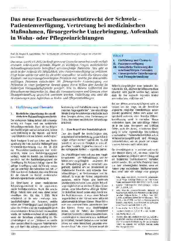 Vorschauseite 1: Das neue Erwachsenenschutzrecht der Schweiz -Patientenverfügung, Vertretung bei medizinischen Maßnahmen, fürsorgerische Unterbringung, Aufenthalt in Wohnoder Pflegeeinrichtungen
