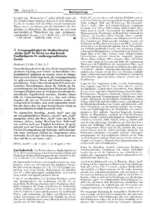 Vorschauseite 1: Eintragungsfähigkeit der Wortkombination „Kinder Spaß für Waren aus dem Bereich Eiweißpräparate für ernährungsmedizinische Zwecke MarkenG § 8 Abs. 2 Nrn. 1,2