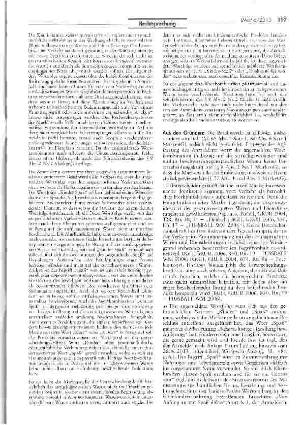 Vorschauseite 2: Eintragungsfähigkeit der Wortkombination „Kinder Spaß für Waren aus dem Bereich Eiweißpräparate für ernährungsmedizinische Zwecke MarkenG § 8 Abs. 2 Nrn. 1,2