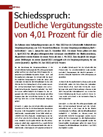Vorschauseite 1: Schiedsspruch: Deutliche Vergütungssteigerungen von 4, 01 Prozent für die Physiotherapie