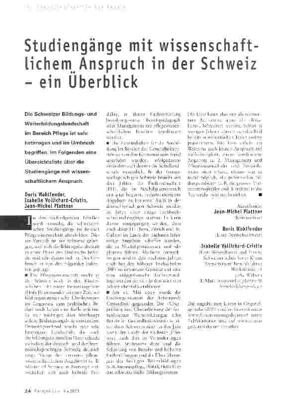 Vorschauseite 1: Studiengänge mit wissenschaftlichem. Anspruch in der Schweiz - ein Überblick