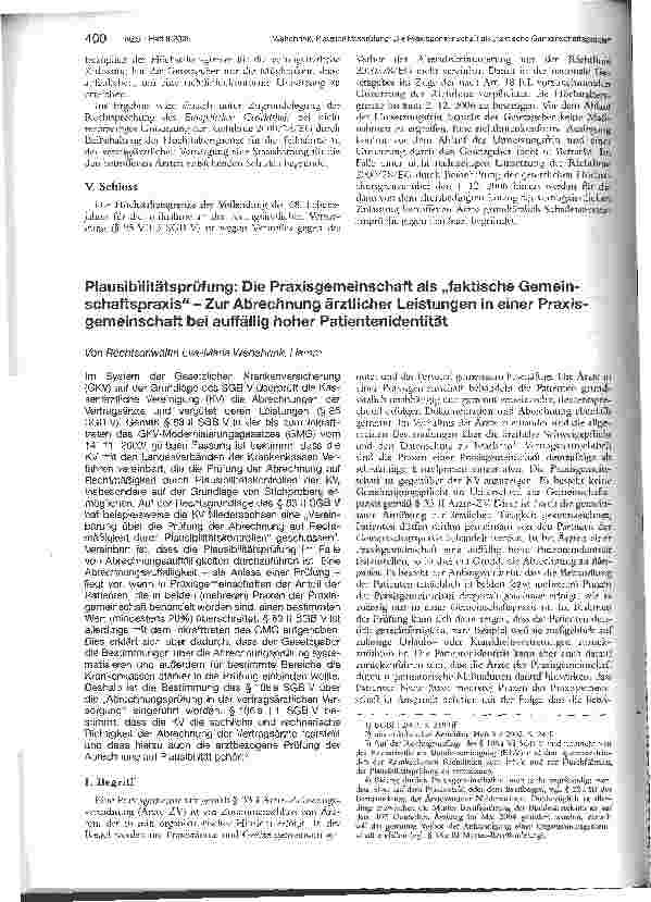 Vorschauseite 1: Plausibilitätsprüfung: Die Praxisgemeinschaft als faktische Gemeinschaftspraxis -Zur Abrechnung ärztlicher Leistungen in einer Praxisgemeinschaft bei auffällig hoher Patienteniden…