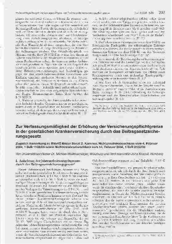 Vorschauseite 1: Zur Verfassungsmäßigkeit der Erhöhung der Versicherungspflichtgrenze in der gesetzlichen Krankenversicherung durch das eitragssatzsicherungsgesetz