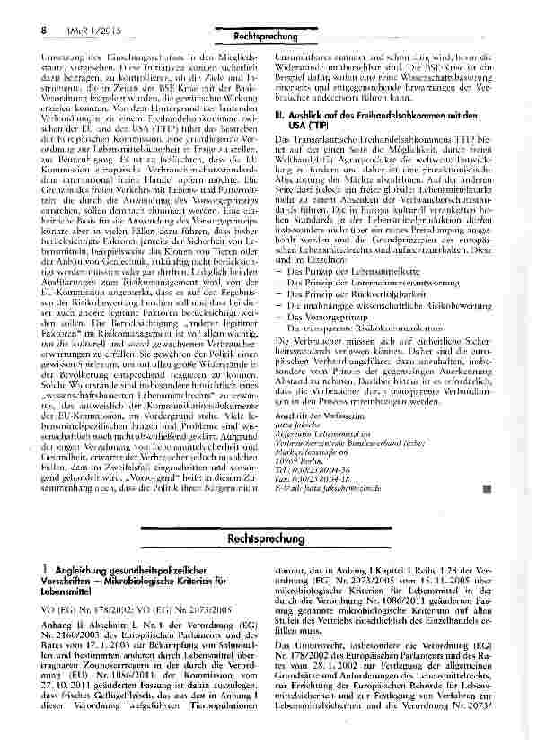 Vorschauseite 1: Angleichung gesundheitspolizeilicher Vorschriften - Mikrobiologische Kriterien für Lebensmittel VO (EG) Nr. 178/2002; VO (EG) Nr. 2073/2005