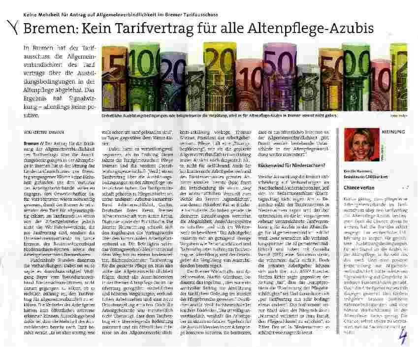 Vorschauseite 1: Bremen: Kein Tarifvertrag für alle Altenpflege-Azubis