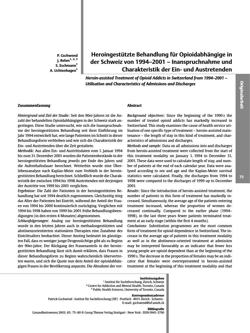 Vorschauseite 1: Heroingestützte Behandlung für Opioidabhängige in der Schweiz von 1994-2001 - Inanspruchnahme und Charakteristik der Einund Austretenden