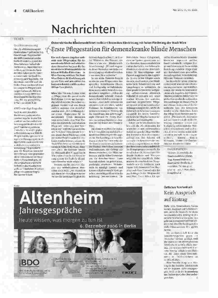 Vorschauseite 1: Erste Pflegestation für demenzkranke blinde Menschen