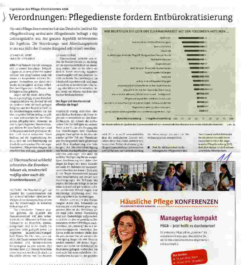 Vorschauseite 1: Ergebnisse des Pflege-Thermometers 2016 Verordnungen: Pflegedienste fordern Entbürokratisierung