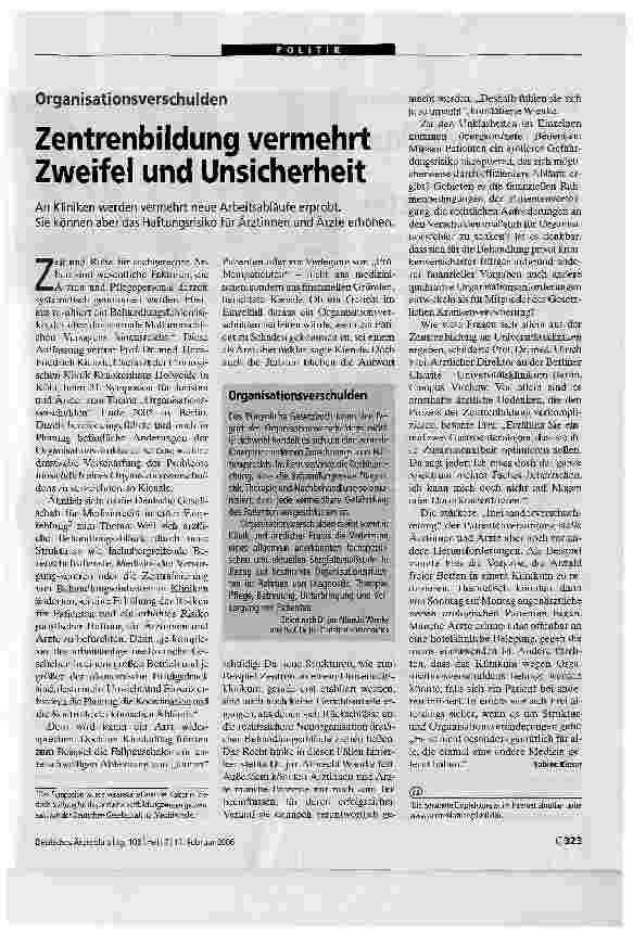 Vorschauseite 1: OrganisationsverschuldenZentrenbildung vermehrt Zweifel und Unsicherheit