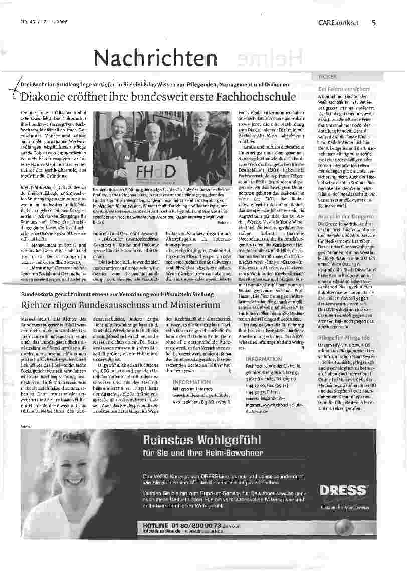 Vorschauseite 1: Drei Bachelor-Studiengänge vertiefen in Bielefeld das Wissen von Pflegenden, Management und DiakonenDiakonie eröffnet ihre bundesweit erste Fachhochschule