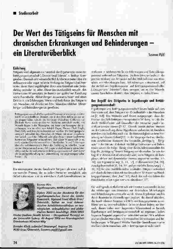 Vorschauseite 1: Der Wert des Tätigseins für Menschen mit chronischen Erkrankungen und Behinderungen -ein Literaturüberblick