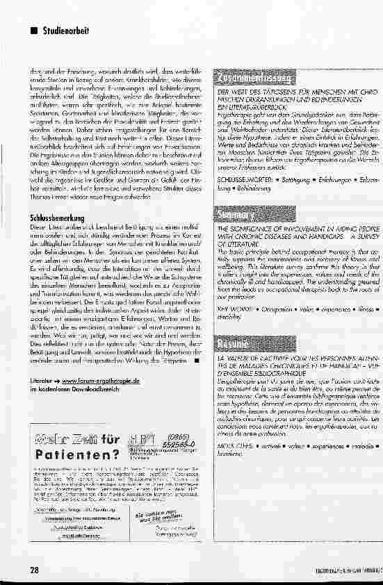 Vorschauseite 5: Der Wert des Tätigseins für Menschen mit chronischen Erkrankungen und Behinderungen -ein Literaturüberblick