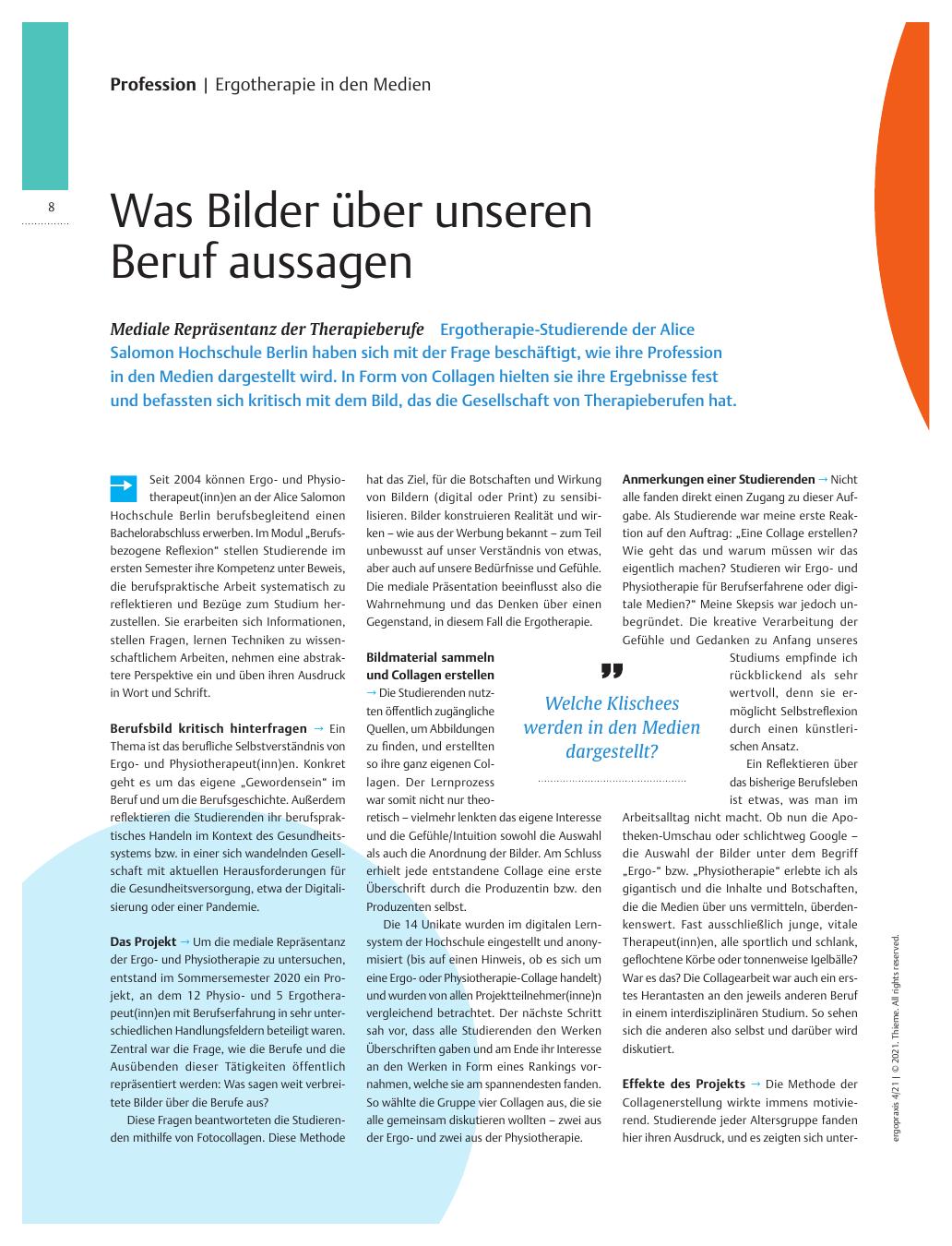 Vorschauseite 1: Was Bilder über unseren Beruf aussagen? Mediale Repräsentanz der Therapieberufe.