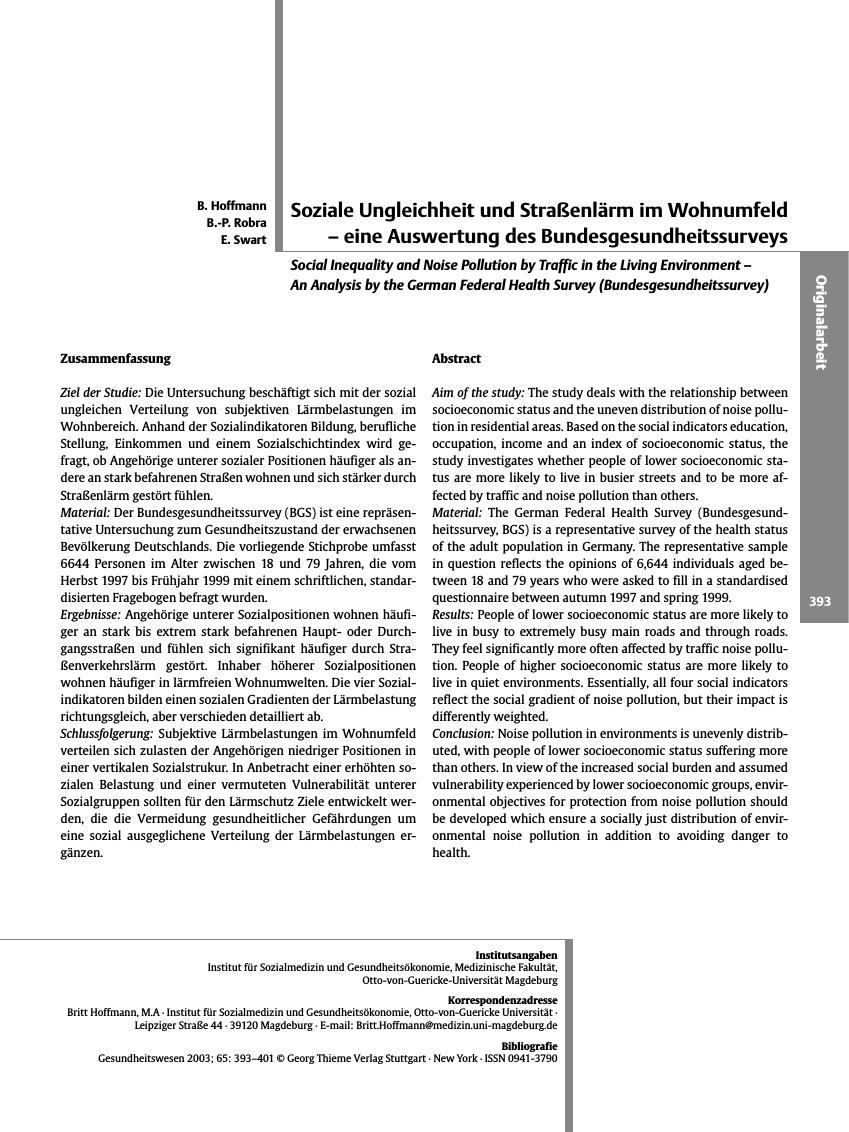 Vorschauseite 1: Soziale Ungleichheit und Straßenlärm im Wohnumfeld - eine Auswertung des Bundesgesundheitssurveys