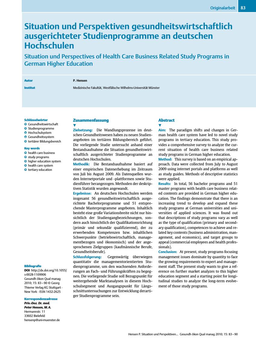 Vorschauseite 1: Situation und Perspektiven gesundheitswirtschaftlich ausgerichteter Studienprogramme an deutschen Hochschulen