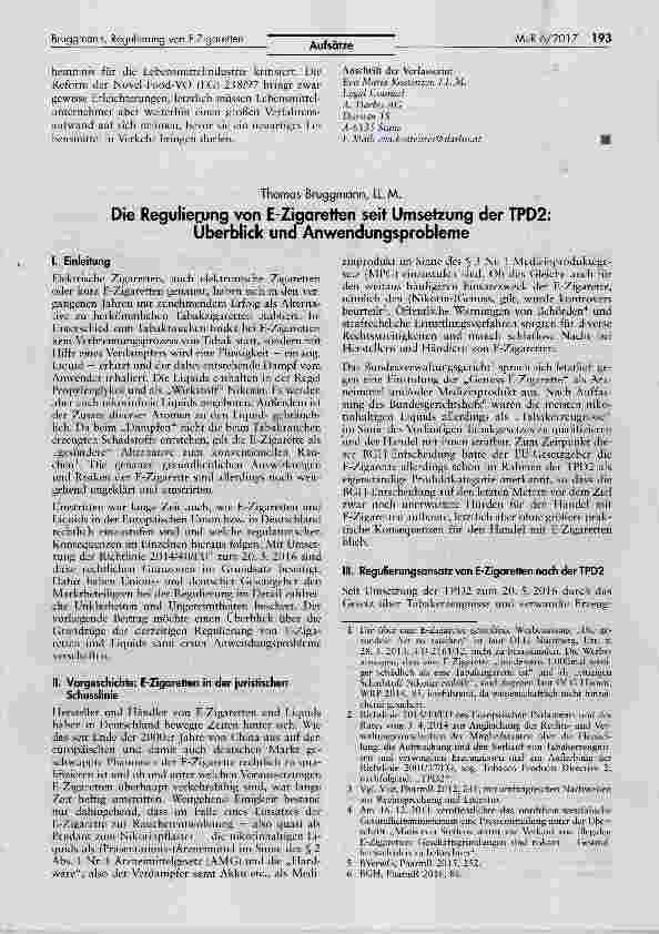 Vorschauseite 1: Die Regulierung von E-Zigaretten seit Umsetzung der TPD2: Überblick und Anwendungsprobleme