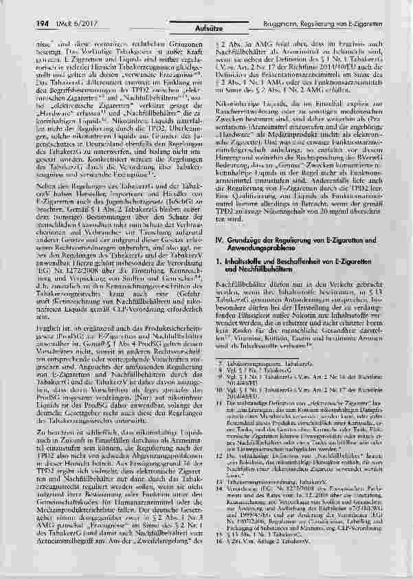 Vorschauseite 2: Die Regulierung von E-Zigaretten seit Umsetzung der TPD2: Überblick und Anwendungsprobleme