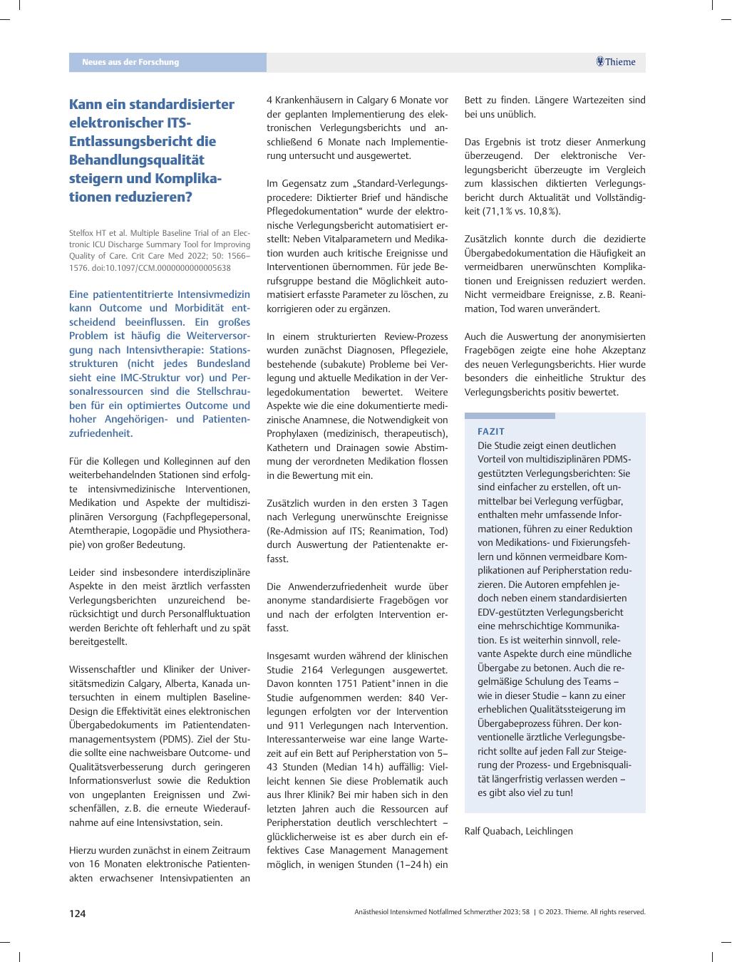 Vorschauseite 1: Kann ein standardisierter elektronischer ITS-Entlassungsbericht die Behandlungsqualität steigern und Komplikationen reduzieren?