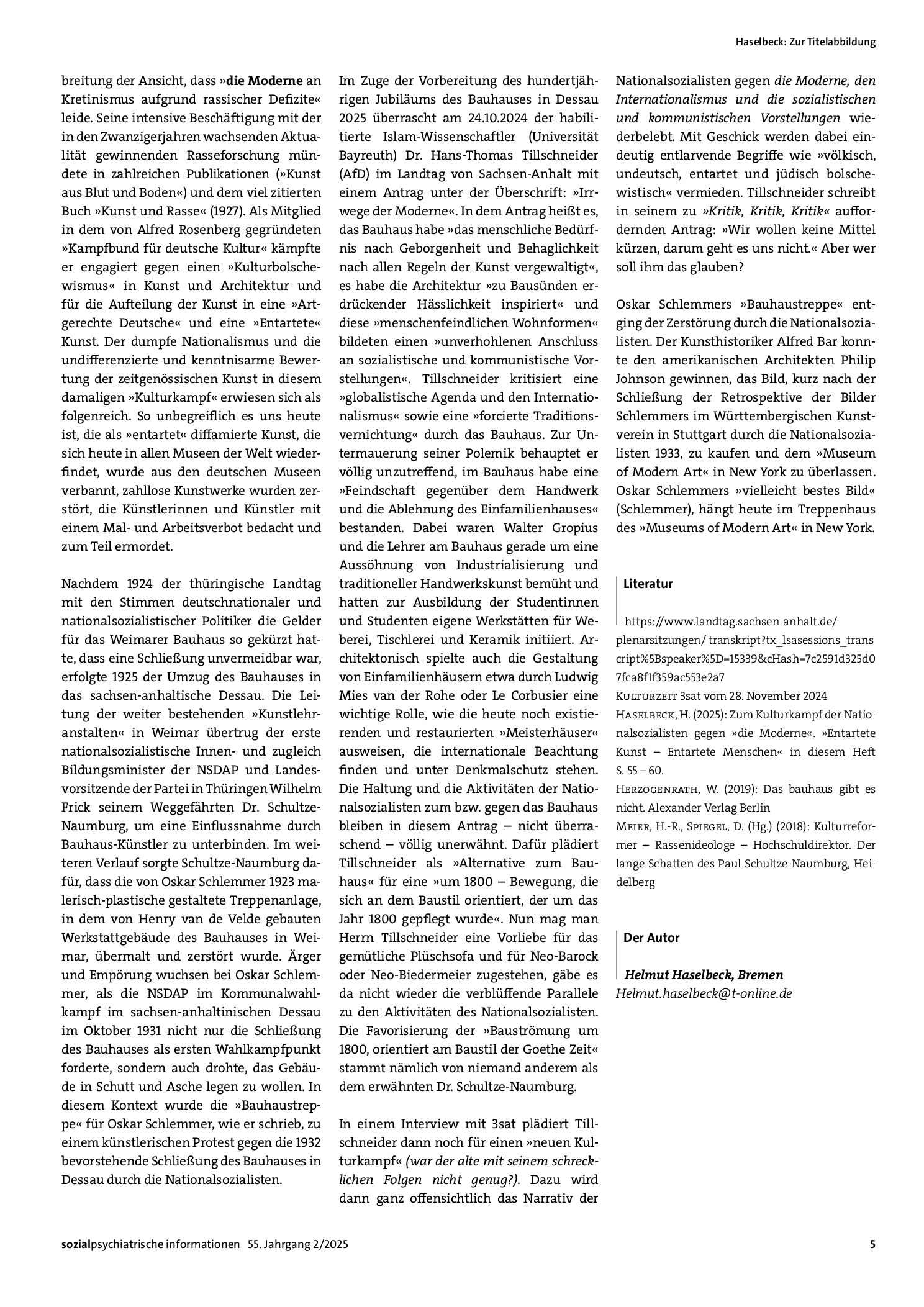 Vorschauseite 2: Zur Titelabbildung: Hundert Jahre Bauhaus Dessau – »Irrwege der Moderne«?