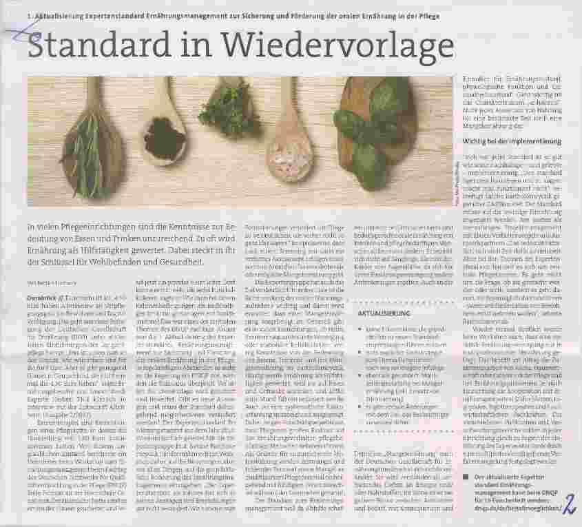 Vorschauseite 1: 1. Aktualisierung Expertenstandard Ernährungsmanagement zur Sicherung und Förderung der oralen Ernährung in der Pflege Standard in Wiedervorlage