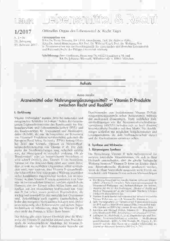 Vorschauseite 1: Arzneimittel oder Nahrungsergänzungsmittei? Vitamin D-Produkte zwischen Recht und Realität*